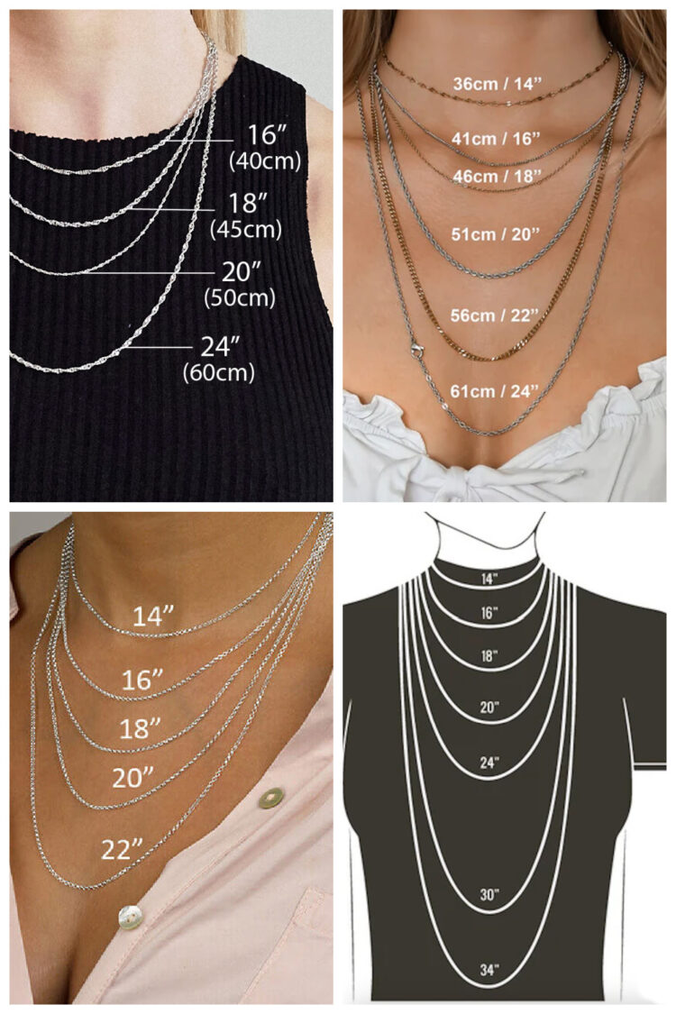 a collage of 4 necklace guides from various jewelry retail sites
