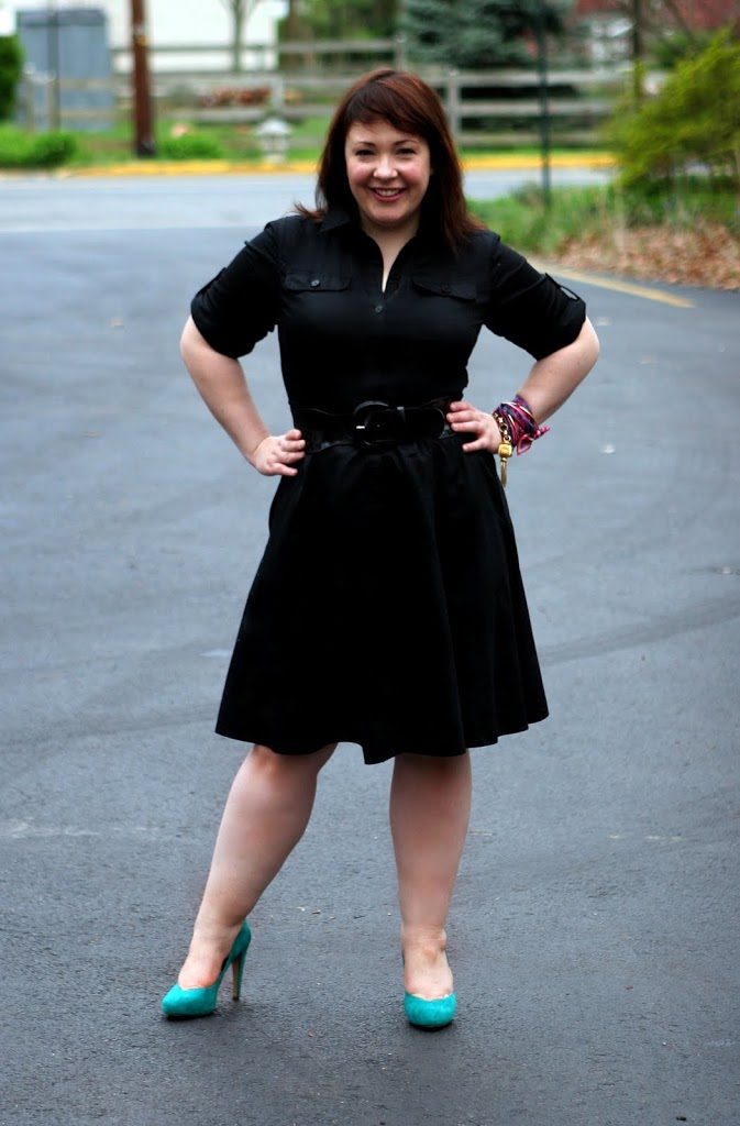 Styling a Black Poplin Shirtdress from Lauren Ralph Lauren 4 Alison Gary of Wardrobe Oxygen in a black poplin shirtdress from Lauren Ralph Lauren styled with teal suede pumps from Jessica Simpson's shoe line