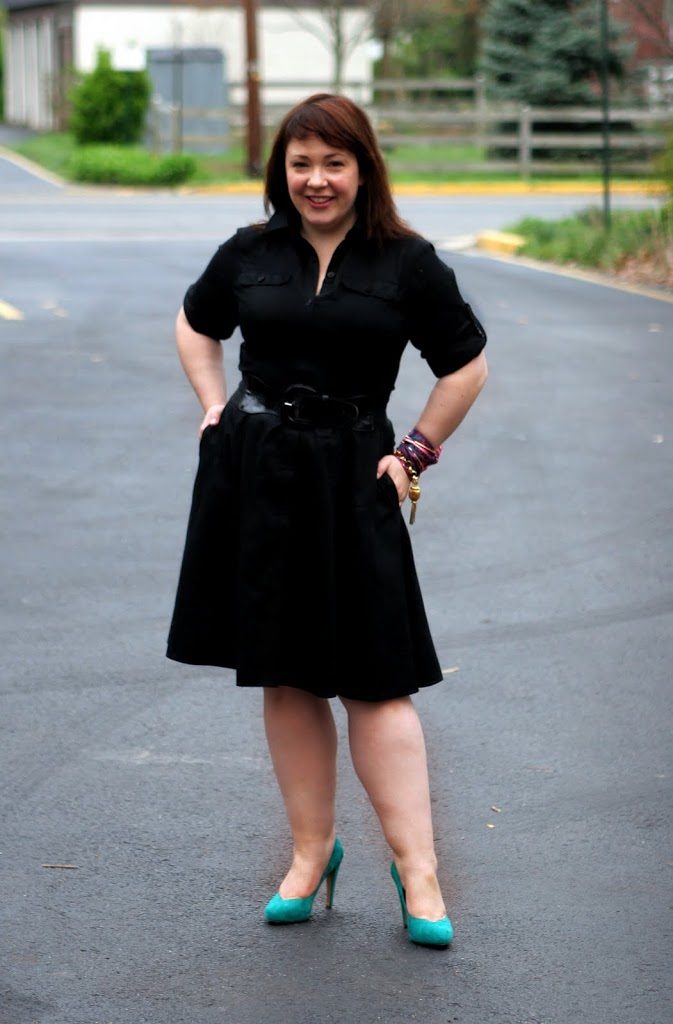 Styling a Black Poplin Shirtdress from Lauren Ralph Lauren 1 Alison Gary of Wardrobe Oxygen in a black poplin shirtdress from Lauren Ralph Lauren styled with teal suede pumps from Jessica Simpson's shoe line