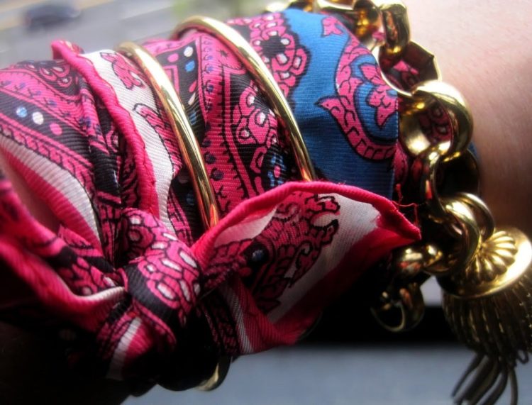 Styling a Black Poplin Shirtdress from Lauren Ralph Lauren 2 A silk bandana tied around the wrist of Alison Gary of Wardrobe Oxygen. It is styled with thin gold bangles and a J. Crew gold link bracelet with tassel charm