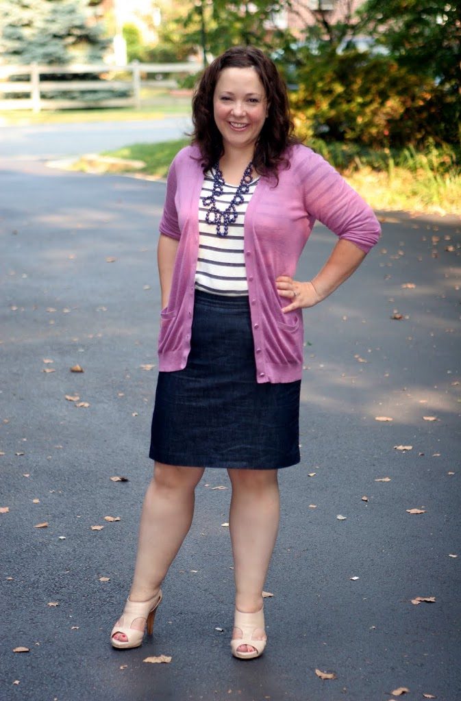 What I Wore Monday: J. Crew Bubble Necklace with Navy and Lavender 1 Alison Gary of Wardrobe Oxygen in a J. Crew bubble necklace, avender boyfriend cardigan, striped shirt, and denim pencil skirt