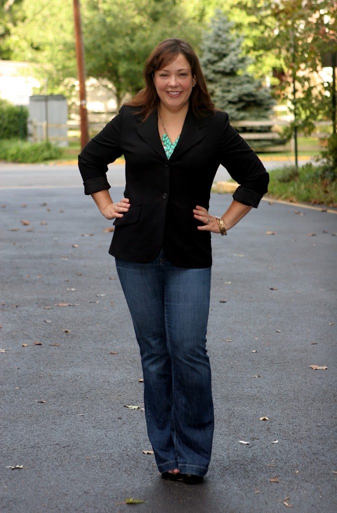 What I Wore: Trouser Jeans and a Blazer 1 Alison Gary of Wardrobe Oxygen in a black blazer and trouser jeans