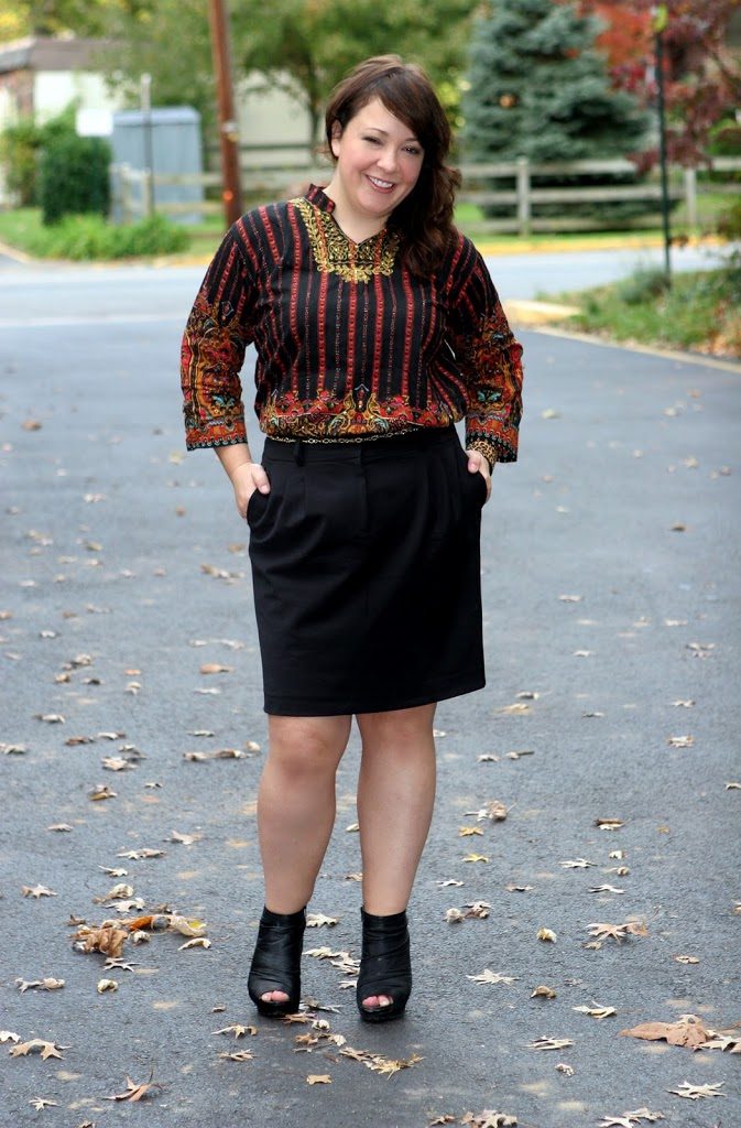 Parenting a Toddler Means Sometimes Wearing Two Different Shoes to Work 1 Embroidered moroccan tunic tucked into a black ponte pencil skirt as seen on Alison Gary of Wardrobe Oxygen