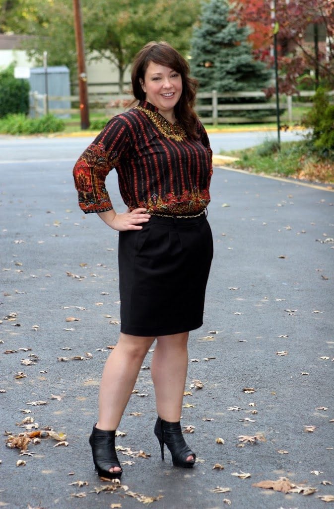 Parenting a Toddler Means Sometimes Wearing Two Different Shoes to Work 3 Embroidered moroccan tunic tucked into a black ponte pencil skirt as seen on Alison Gary of Wardrobe Oxygen