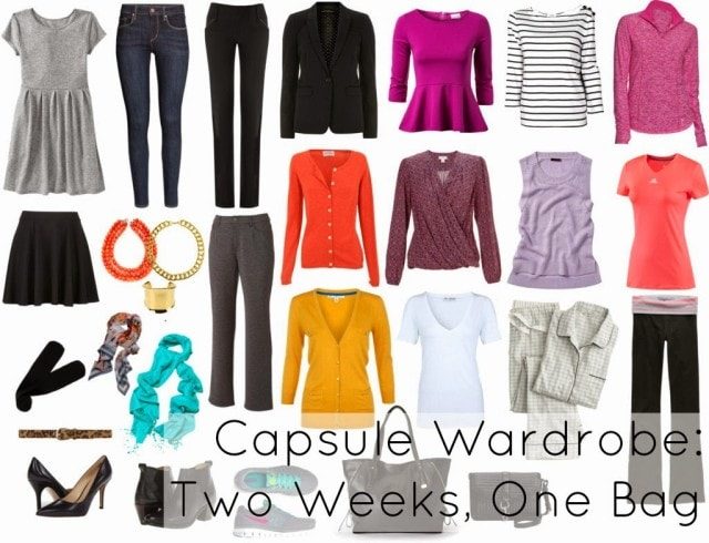 a two-week capsule wardrobe of business casual fashion that fits in one carry-on bag, specifically the TOM BIHN Aeronaut 45