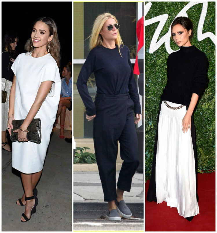 Does Plus Size Minimalism Exist? 1 collage showing images of Jessica Alba, Gwyneth Paltrow, and Victoria Beckham in 2014 wearing simple yet architectural minimalist fashion in shades of white, black, and navy