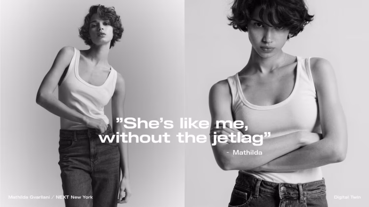 H&M shes like e withou the jetlag H&M generative AI digital twin campaign with model Mathilda Gvarliani