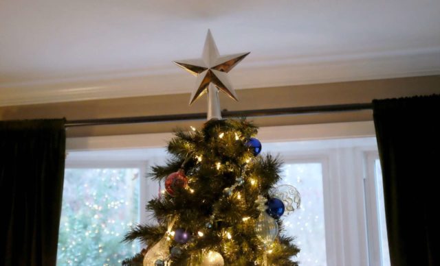 The top of a Christmas tree topped with a silver star from Pottery Barn