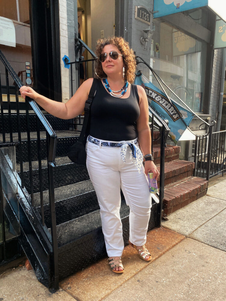 how to style white jeans with black tanks woman over 40