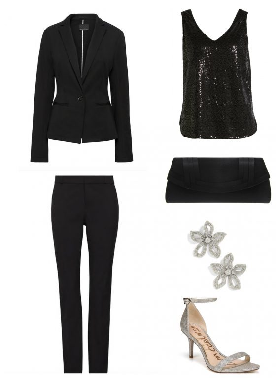 Black dressy cocktail pantsuit with silver and black accents