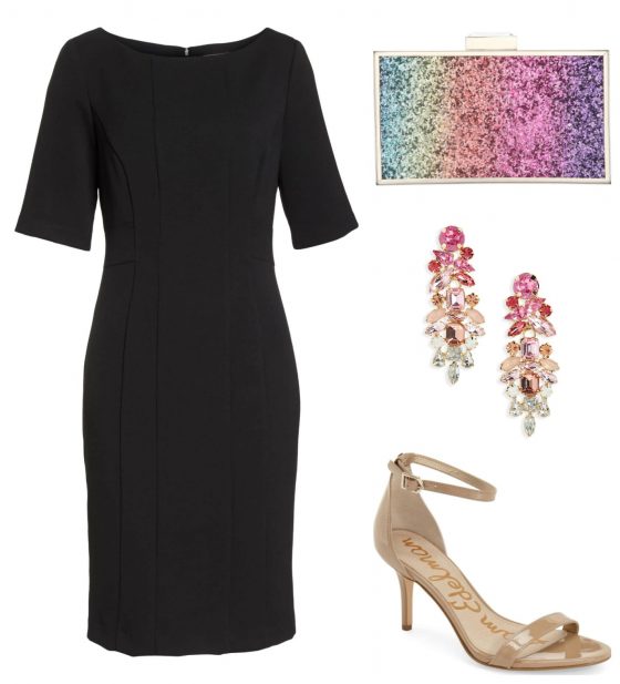 Lighten up a not-so little black dress with nude heels and colorful accessories.