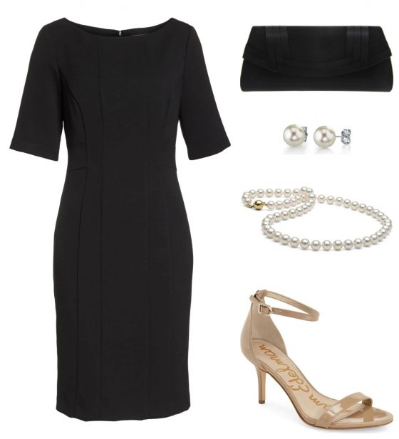 For a day wedding, style a black dress with pearls and nude heels