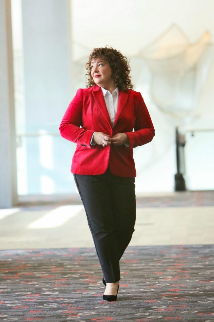 Exploring the Talbots Holiday Collection 1 Alison buttoning her red velvet blazer