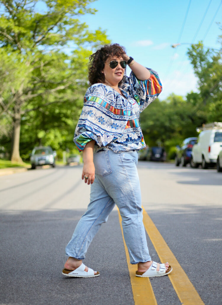 My Late Spring Style Uniform 1 Wardrobe Oxygen in a Farm Rio blouse and Gap high rise cheeky straight jeans and white BIrkenstocks