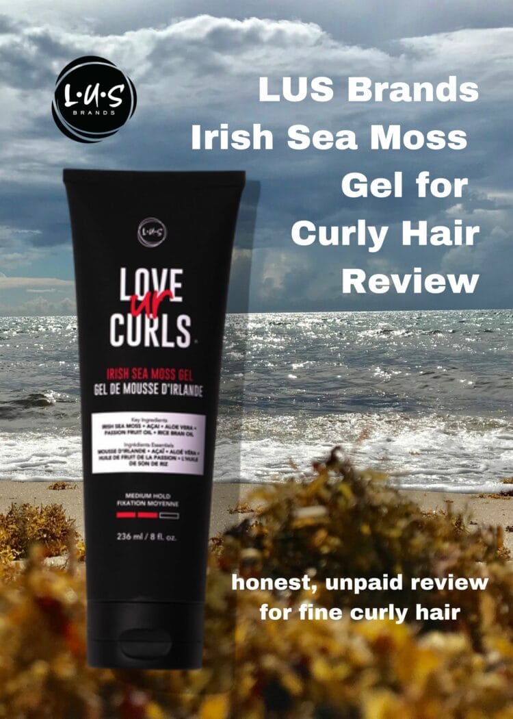 LUS Brands Gel Review 1 LUS Brands gel review for curly hair - photo of the tube of LUS Brands gel over a photo of Irish Sea Moss on the shore