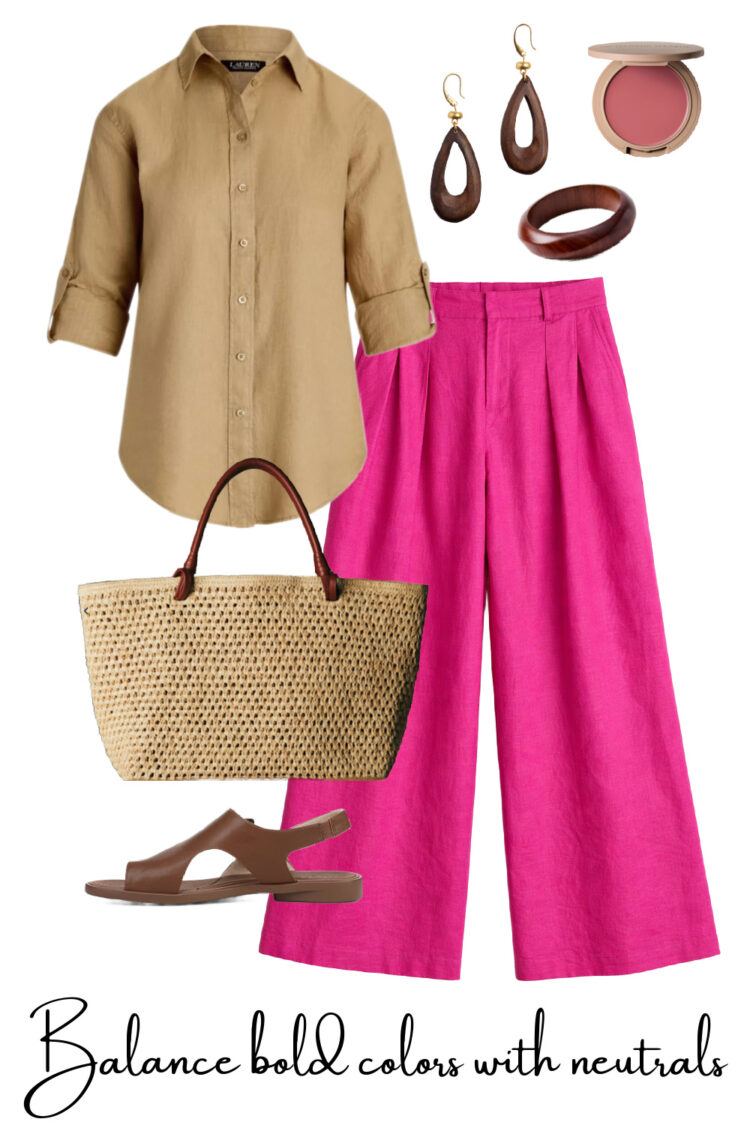 How to Style Colorful Pants for Spring 2026 (Plus the Best Options to Shop) 3 tips to style colorful pants in 2026 for women in midlife featuring pink wide leg pants and khaki linen shirt