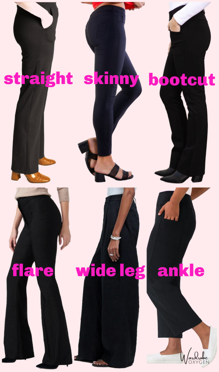 How to Determine Proper Pant Length for Women 1 a graphic showing the proper pant length for women for straight, skinny, bootcut, flare, wide leg, and ankle pants