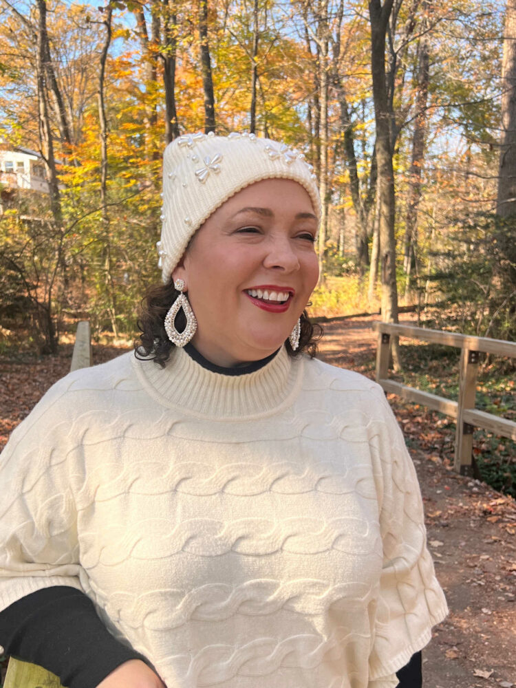A Stylish Cozy Season for Less with T.J.Maxx 1 Alison in a cream Lele Sadoughi beanie and Deepa Gurnani handmade beaded statement earrings
