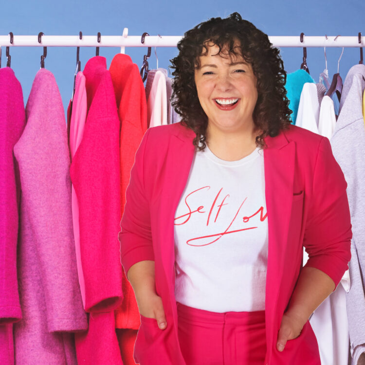 Home 40 Alison Gary of Wardrobe Oxygen standing in front of a rack of colorful clothing