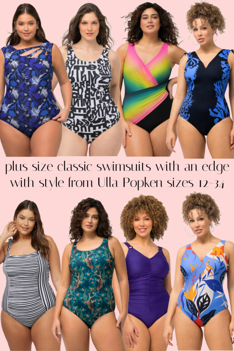 How Cute Are These Ulla Popken Plus Size Swimsuits? 2 a collage of eight one-piece plus size swimsuits from Ulla Popken