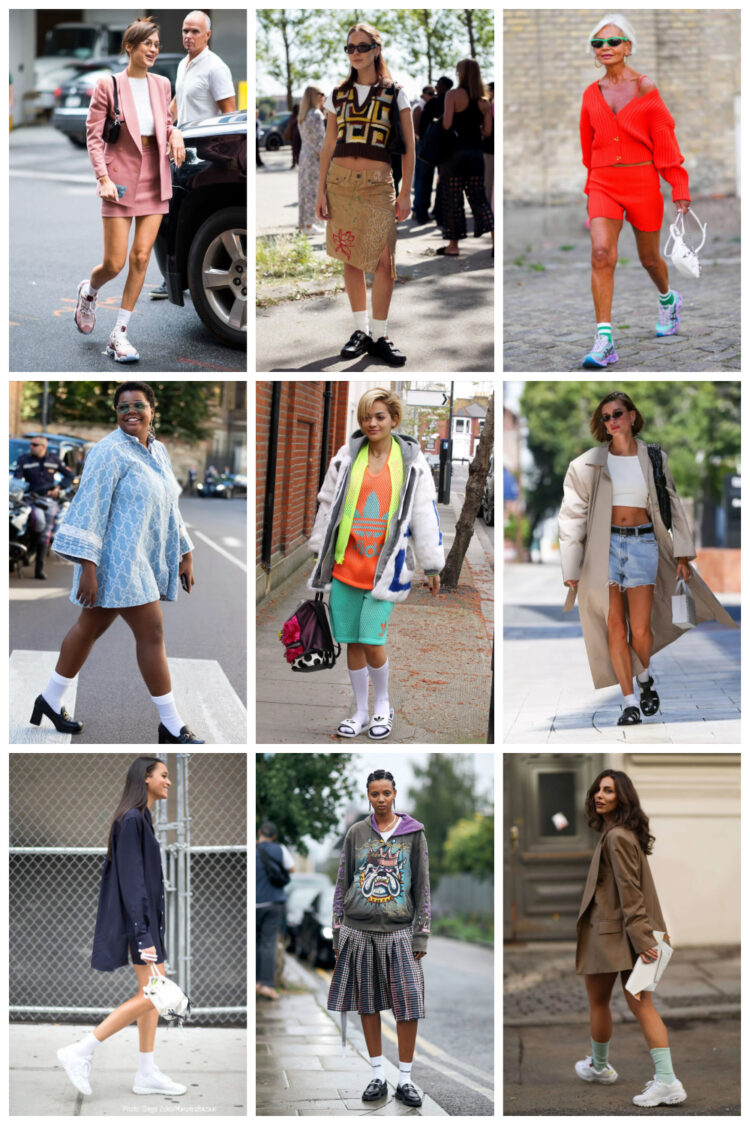 Eff the Crew Socks Trend 1 a collage of nine different celebrities and fashionistas wearing crew socks with bare legs and sneakers or sandals