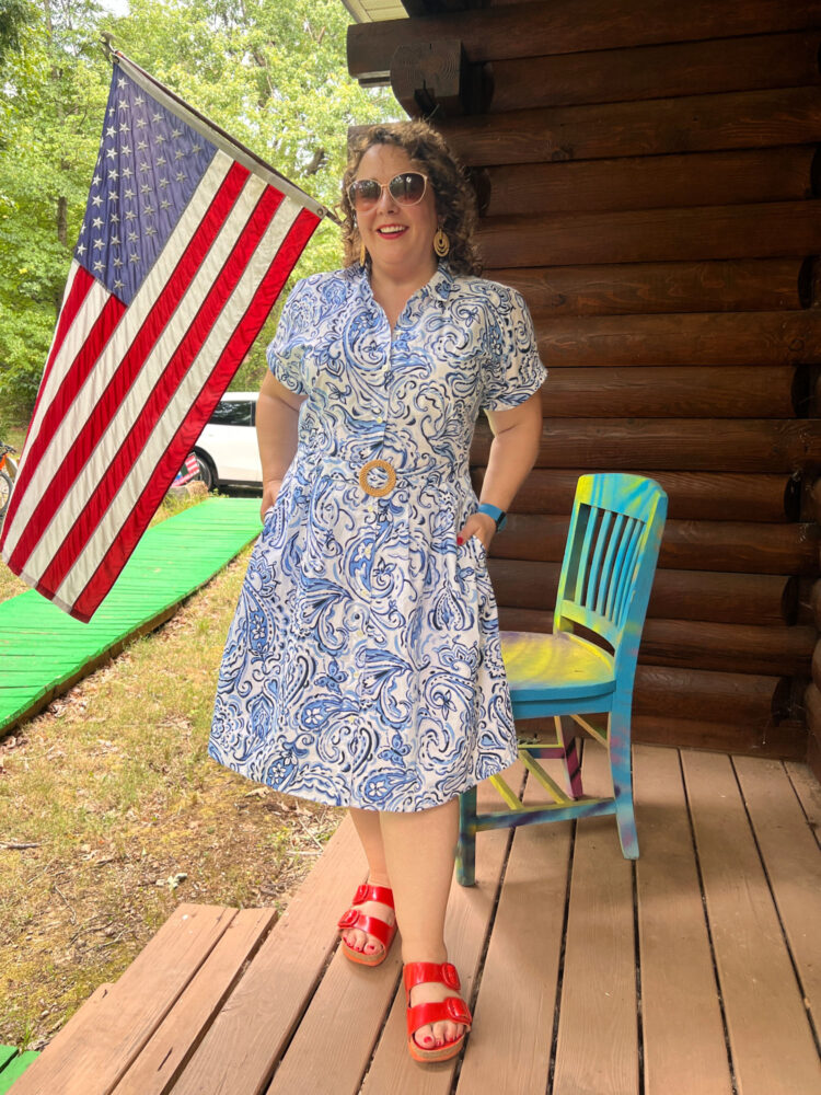6 Ideas for Styling Shirtdresses 6 petite midsize woman im midlife wearing a blue paisley cotton shirtdress from Talbots with Birkenstock sandals