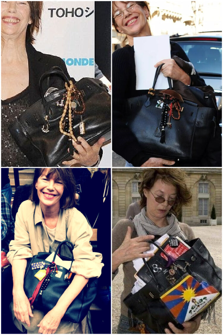 Am I Too Old for the Bag Charms Trend? 1 collage of four pictures of jane birkin and her accessorized hermes bags