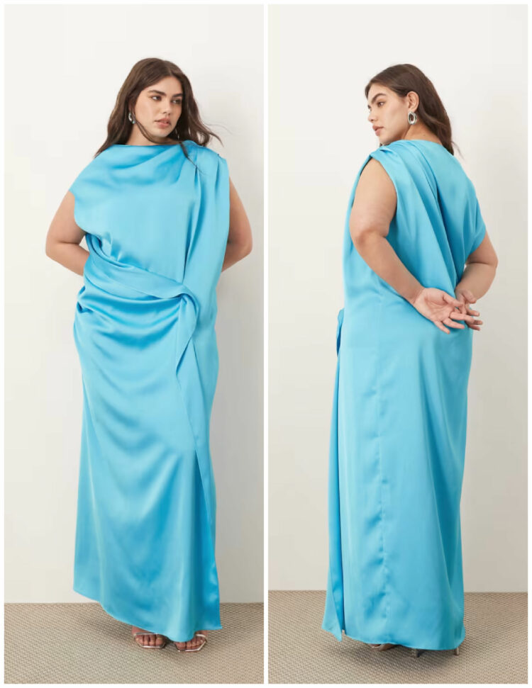 ARRANGE Curve satin maxi dress ARRANGE Curve satin side drape off shoulder maxi dress in bright blue