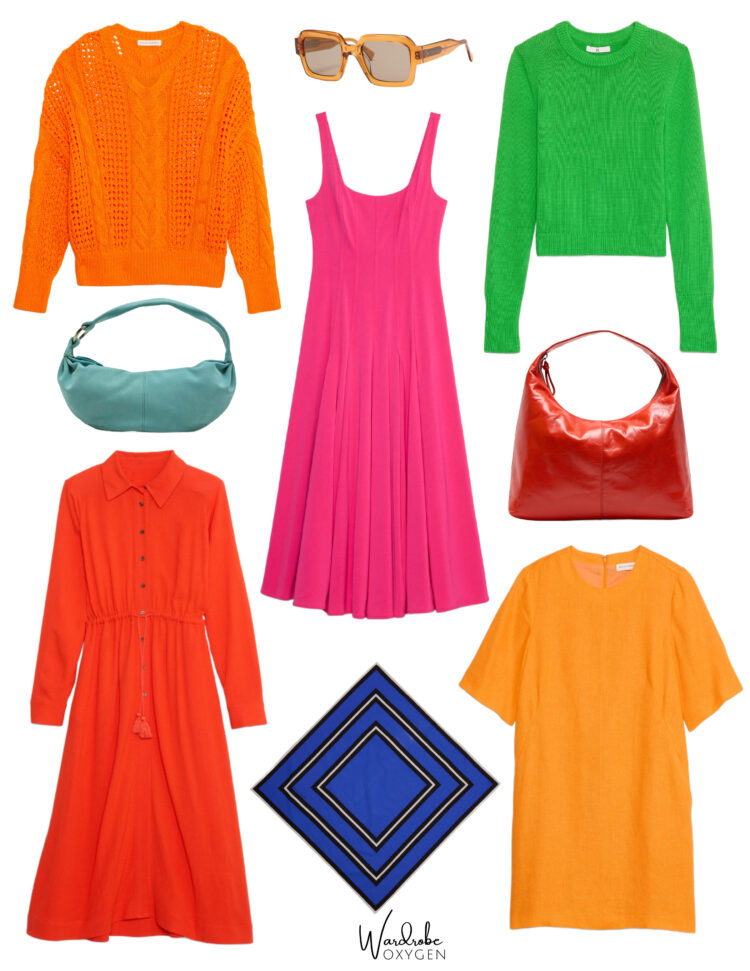3 dresses, 2 sweaters, 2 purses, 1 scarf, and 1 pair of sunglasses in springtime bright colors at banana republic