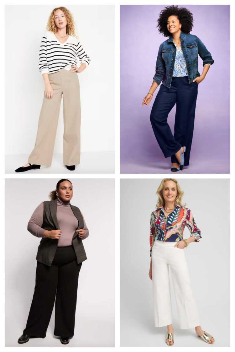collage of four stylish outfits incorporating wide leg pants