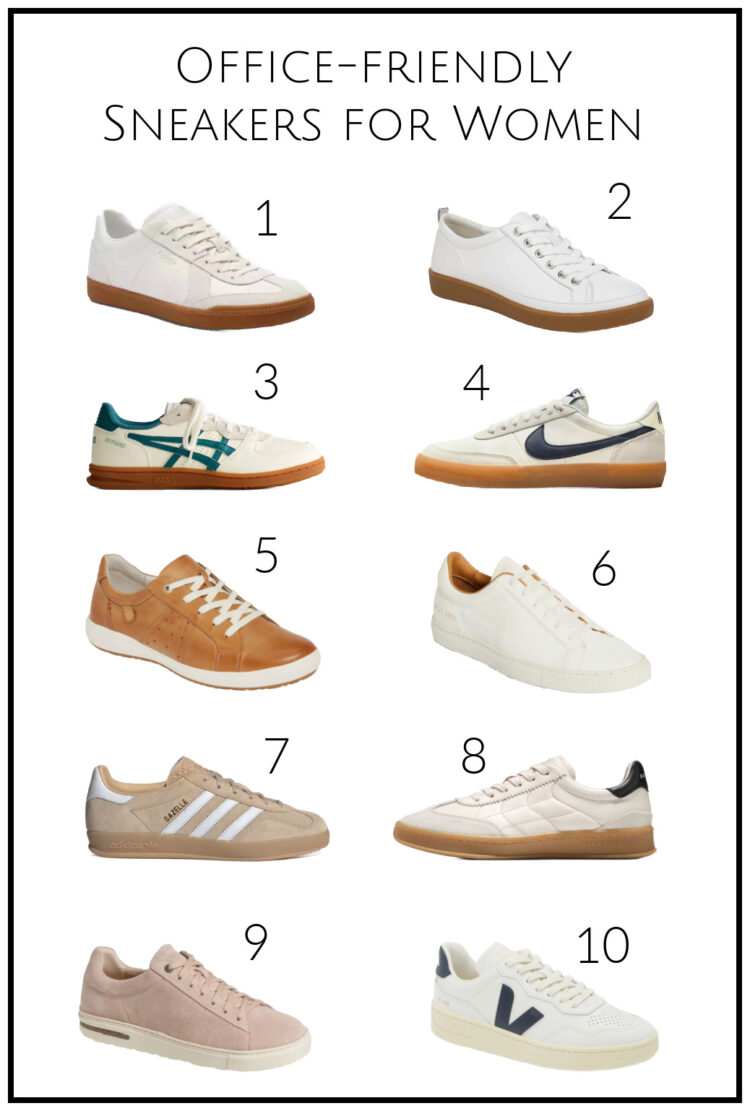 a collage of 10 office friendly sneakers for women
