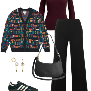 Look 12 from the teacher capsule wardrobe for fall featuring Spanx black ponte knit pull-on pants