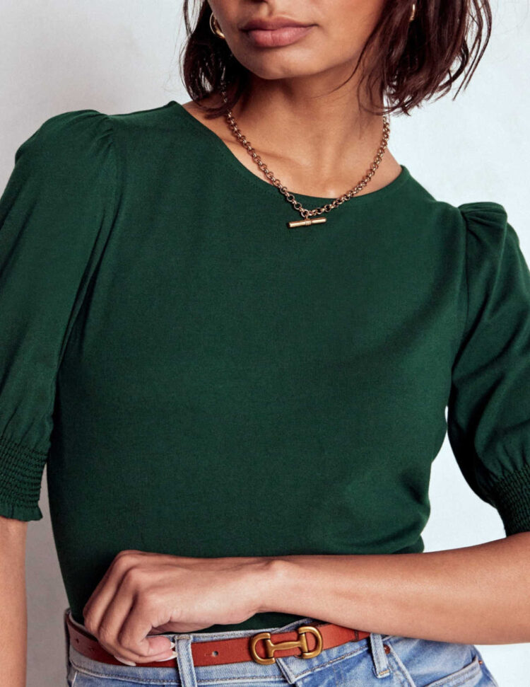 boden Short Sleeve Smocked Cuff Top in green is a great easy work top for grown women