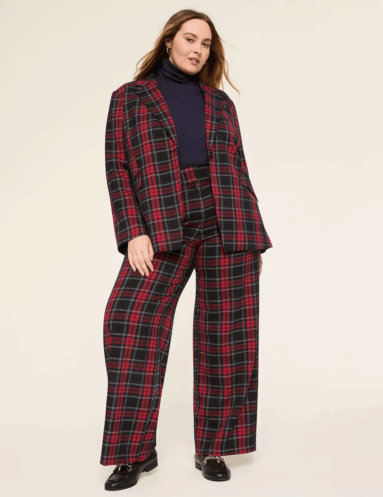 The Perfect Drape High-Rise Plaid Wide Leg Pant and matching Perfect Drape One-Button Blazer styled with the Turtleneck Top