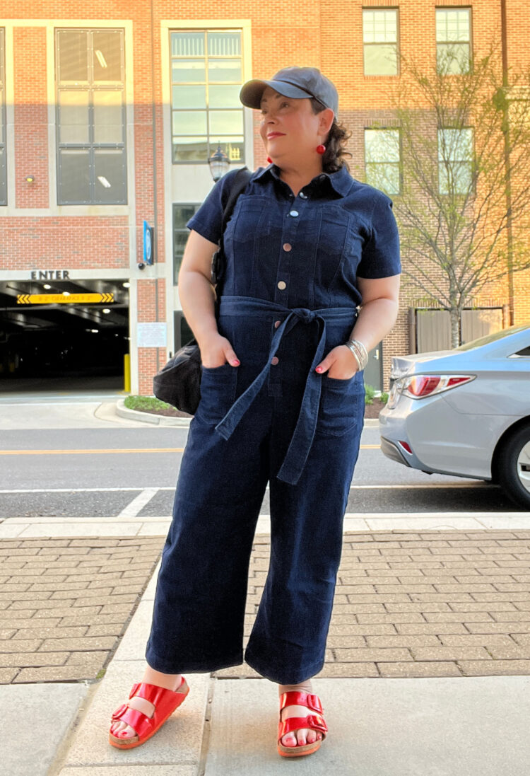 wardrobe oxygen in the kate denim jumpsuit from universal standard