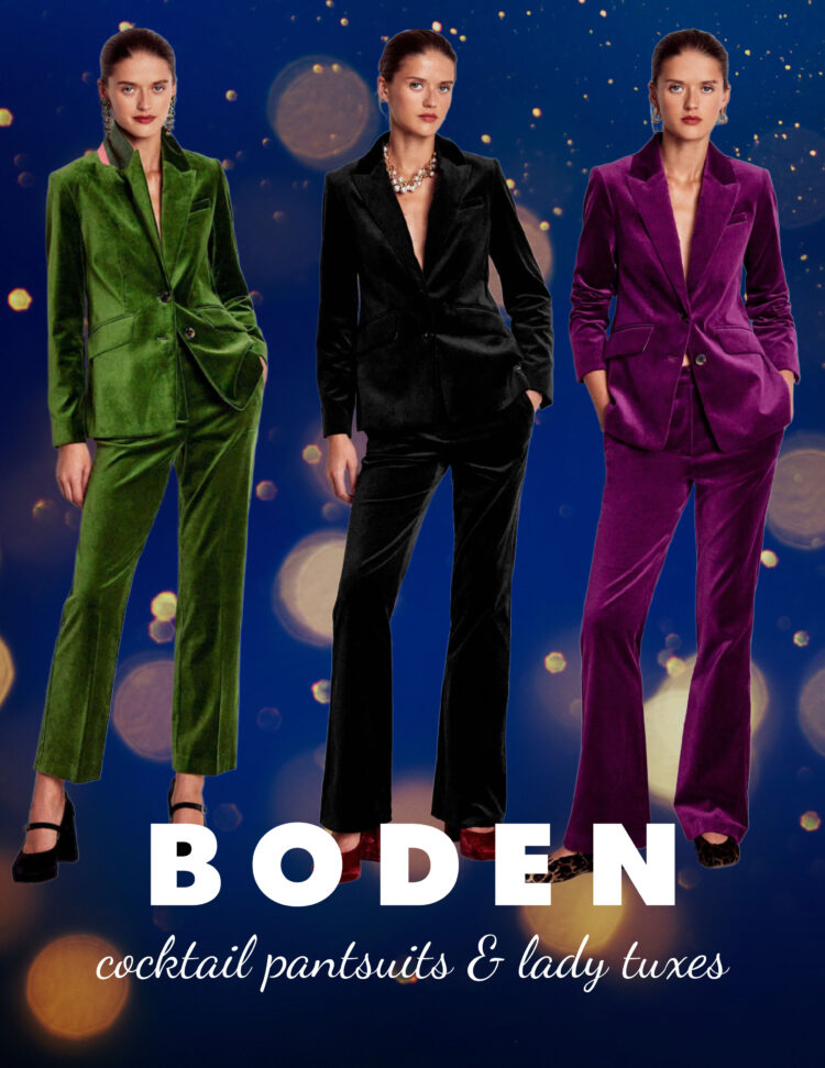 Stamford Velvet Blazer from Boden with matching velvet trousers in green, black, and purple