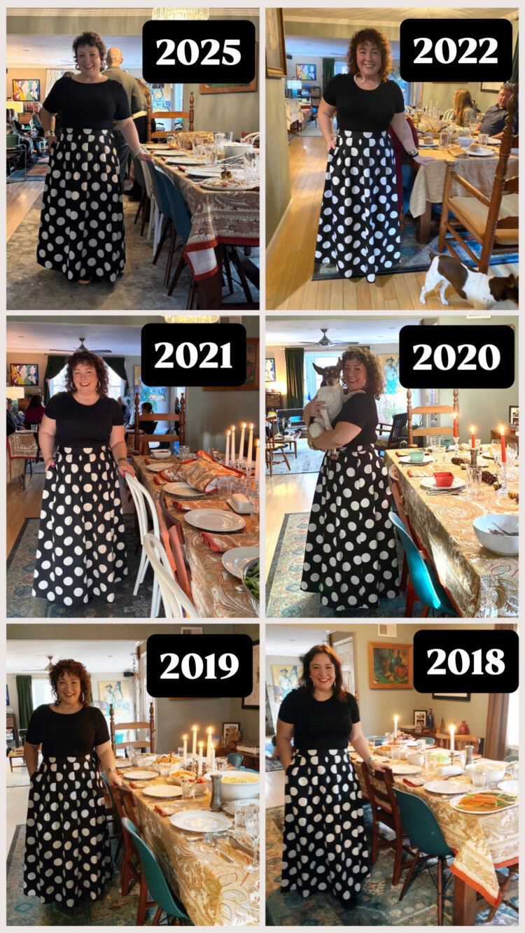 Weekend Reads for How the Eff is it Already December? 3 Alison Gary of Wardrobe Oxygen wearing a black and white polka dot maxi skirt ballskirt from Talbots over six different Thanksgivings