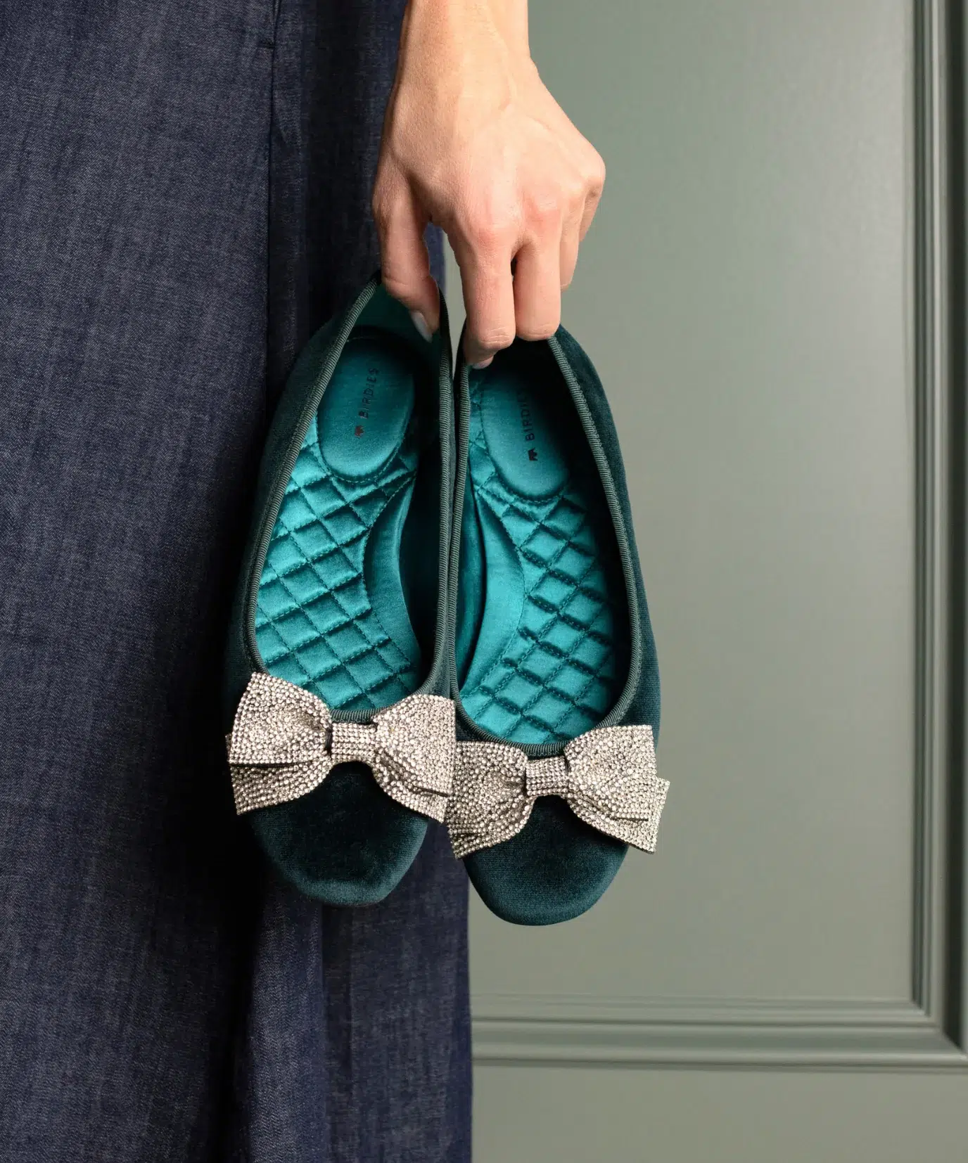 Let's Discuss Comfy Party Shoes for Us Grown Women 1 Teal flats with jeweled bow detail from Birdies