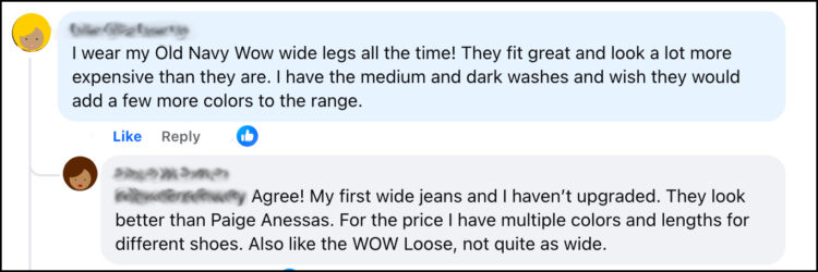 The Most Popular Jeans for Women Over 40 Based on the Wardrobe Oxygen Community 11 A screenshot from the Wardrobe Oxygen community on Facebook where two members rave about the Old Navy WOW jeans