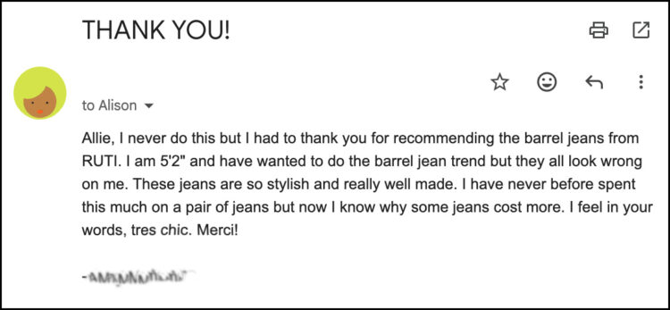 The Most Popular Jeans for Women Over 40 Based on the Wardrobe Oxygen Community 13 screenshot of an email recommending ruti jeans for women over 40 sent to wardrobe oxygen