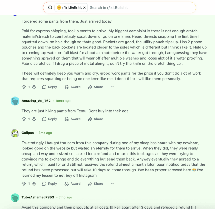 Shopping Online Screenshot from Reddit of reviews of True Tailor saying the company is dropship, sketchy, and the pants quality poor