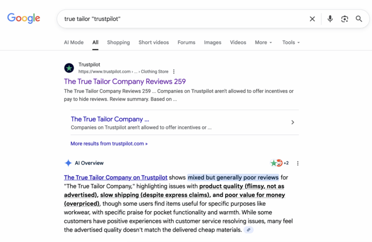 Shopping Online Screenshot of Google when searching True Tailor "TrustPilot" showing the link to the TrustPilot page for the brand and the AI summary