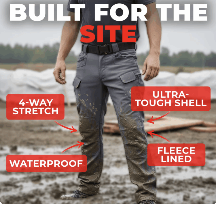 Shopping Online Ad for True Tailor pants saying Built for the Site 4-way stretch, waterproof, ultra-tough shell, fleece lined and show the bottom half of a muscular white pant in gray pants standing in mud.