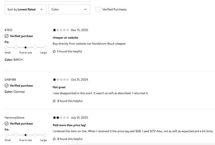 Shopping Online negative reviews of the Zestt travel scarf as seen on Nordstrom