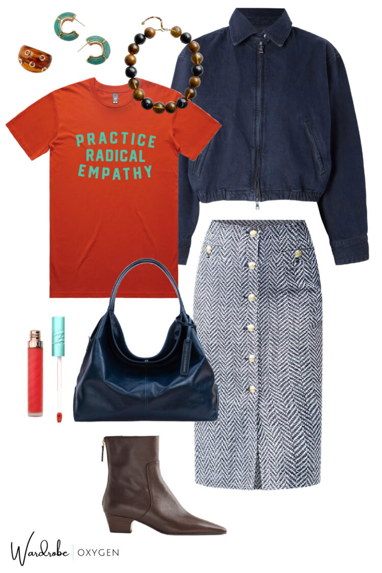 How to Style a Graphic Tee for the Workplace 2 how to style a graphic t-shirt for the workplace featuring a practice radical empathy t-shirt from the bitter southerner, an AGOLDE denim bomber, and Ann Taylor tweed pencil skirt and a Brandon Blackwood tote