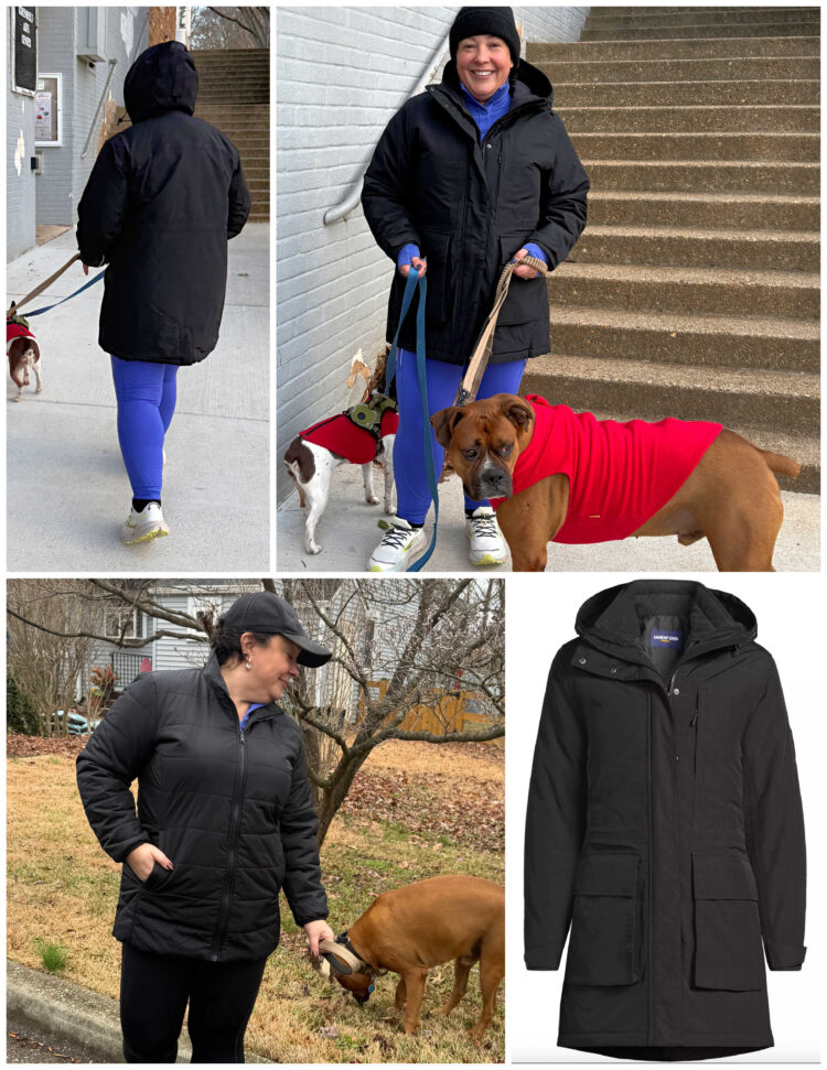 Weekend Reads lands end squall review with a collage of four photos of alison gary of wardrobe oxygen, an over 40 fashion blogger, wearing the lands' end squall 3-in-one parka in black