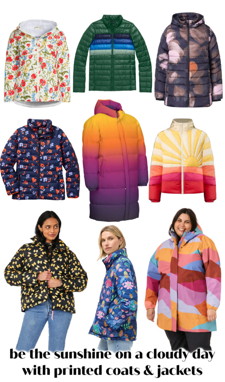 Sunshine on a Cloudy Day with Colorful Coats 2 printed puffer coats and jackets for women curated by wardrobe oxygen an over 40 fashion blog