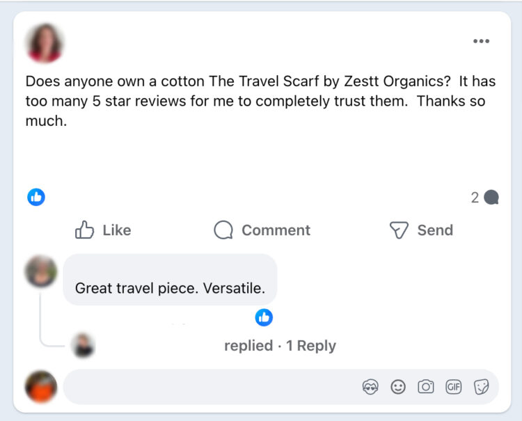 Shopping Online facebook post asking for crowdsourced review of travel scarf by zestt organics