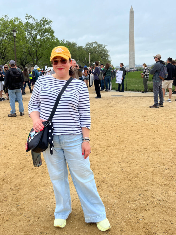 Lands' End Presidents Day Sale alison gary of wardrobe oxygen standing on the mall im dc in front of the washington monument in a saint james breton striped top and lands' end wide leg jeans