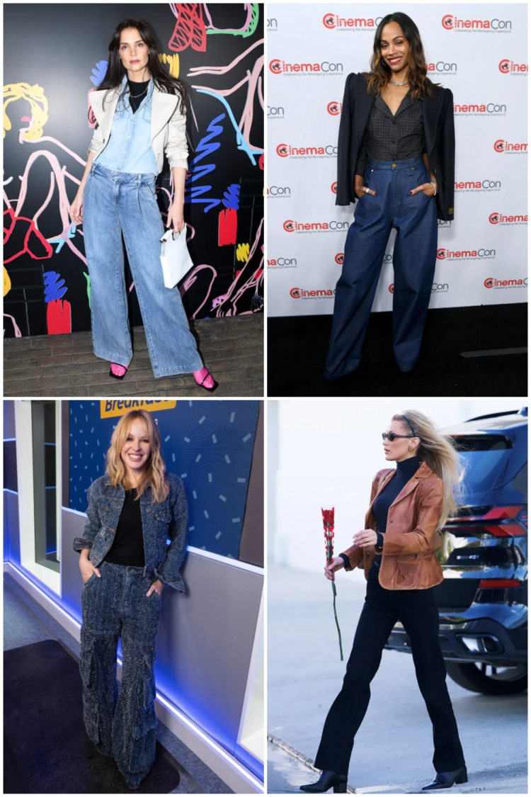 The Trouser Jeans Guide: Where to Shop + 5 Ways to Style Them in 2026 2 celebrities katie holmes, zoe saldana, bella hadid, and kylie minogue wearing denim trousers in 2024, 2026, and 2026